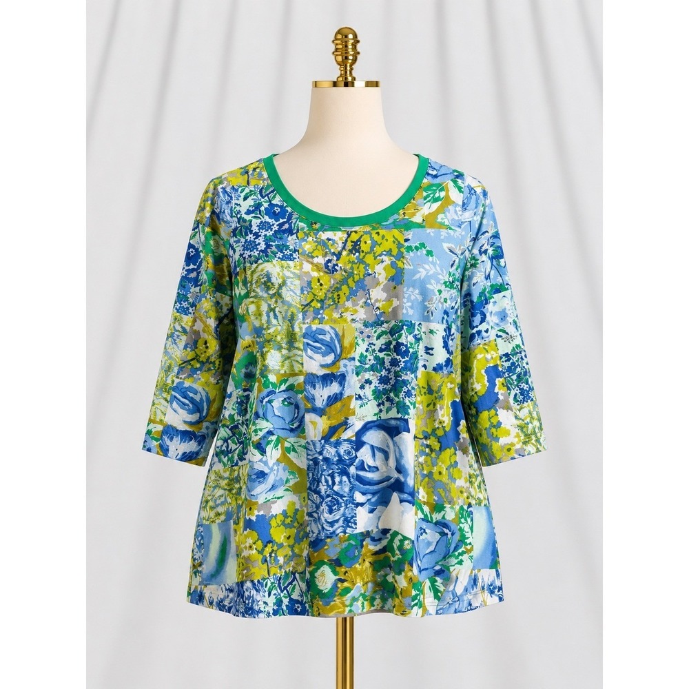 Isaac Mizrahi Live! Patchwork Print 3/4 Sleeve Top Tee XL Blue Green Floral